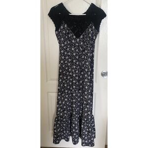 Vintage Young Hawaii Dress Womens Large Maxi Black Crochet Ditsy Floral Bohemian